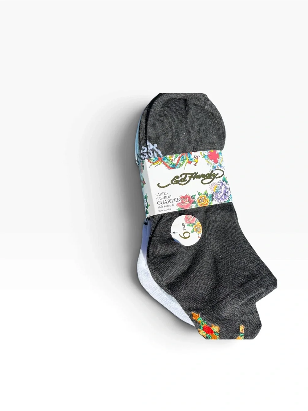 Ed Hardy Black White Gray Rose & Cross Floral Quarter Socks 6 Pack
